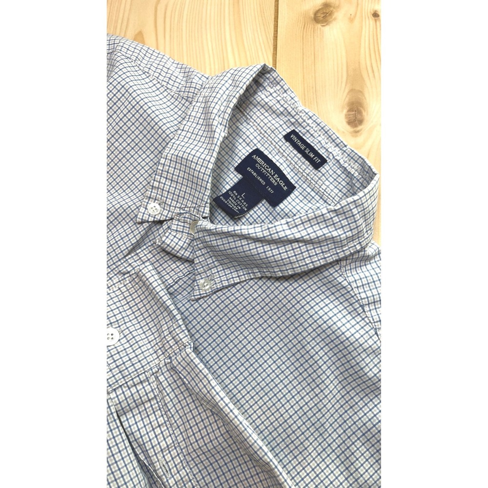 American Eagle Mens Vintage Slim Fit Blue Check Button Down Shirt Large L Cotton